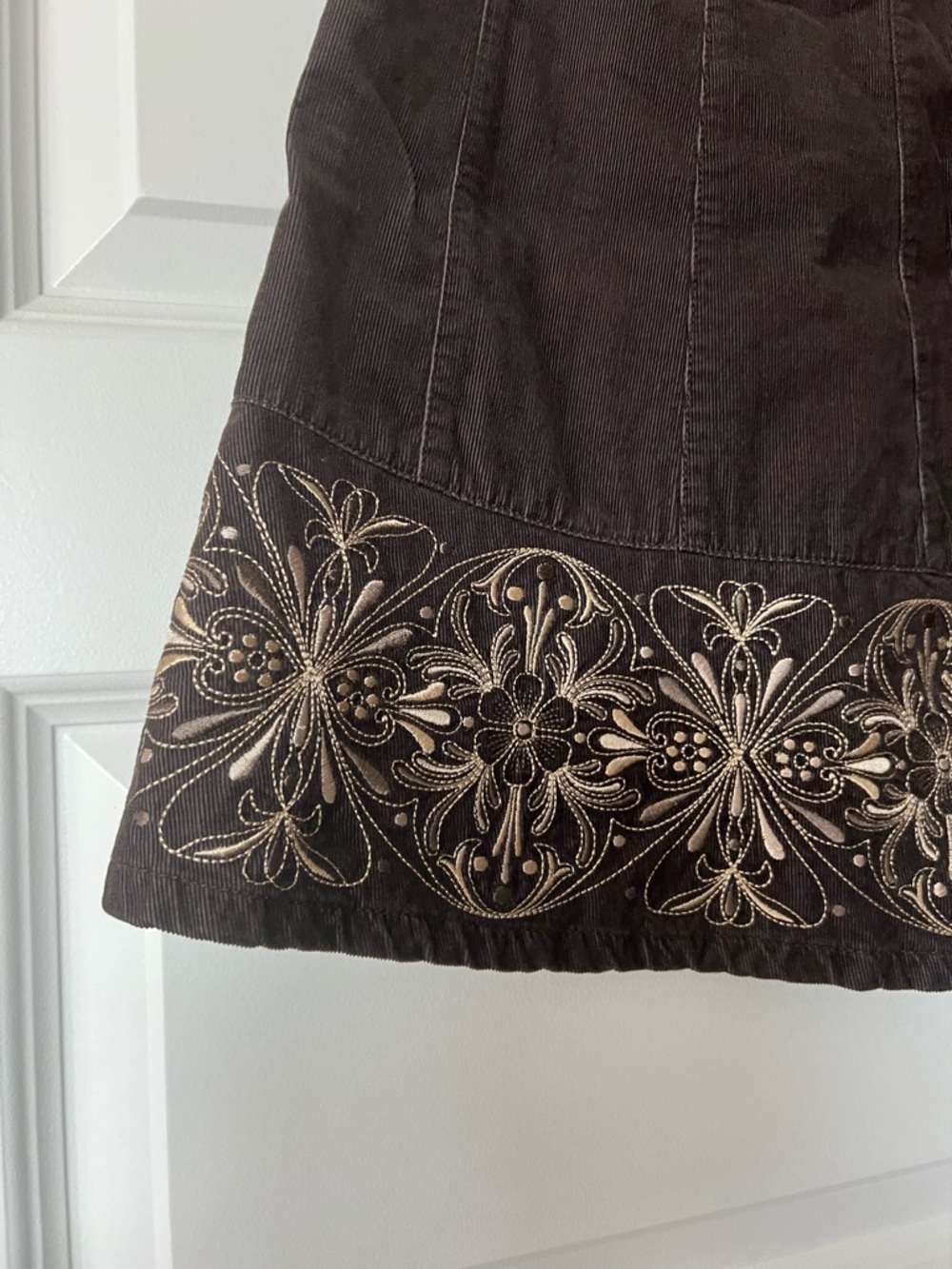 Ann Taylor Petites Corduroy Skirt 0P Brown Embroidered A-Line 100% Cotton - Picture 12 of 14